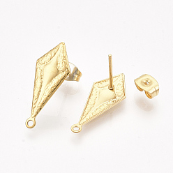 Golden 304 Stainless Steel Stud Earring Findings, with Loop and Ear Nuts/Earring Backs, Cone, Golden, 21.5x9mm, Hole: 1.2mm, Pin: 0.7mm