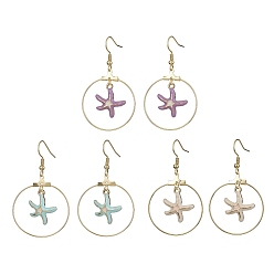 Mixed Color Alloy Dangle Earrings, Starfish, Mixed Color, 45.5mm, 3 pair/set