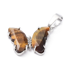 Tiger Eye Natural Tiger Eye Pendants, with Rack Plating Platinum Plated Brass Findings, Cadmium Free & Lead Free, Faceted Butterfly Charms, 17x22.5x4mm, Hole: 8x5mm
