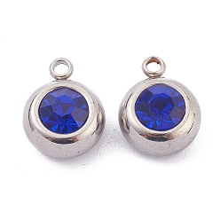 Sapphire 201 Stainless Steel Rhinestone Charms, Birthstone Charms, Flat Round, Stainless Steel Color, Sapphire, 13x10x6mm, Hole: 1.8mm