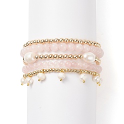 Quartz Rose 5 pcs 5 ensemble de bracelets extensibles en quartz rose naturel et laiton de style, bracelets empilables à breloques en perles naturelles pour femmes, diamètre intérieur: 2~2-1/4 pouce (5.2~5.6 cm), 1 pc / style