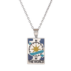 Stainless Steel Color Titanium Steel Enamel Tarot Rectangle Pendant Necklaces, Stainless Steel Cable Chain Necklace for Women Men, THE WORLD, Stainless Steel Color, 17.72 inch(45cm)