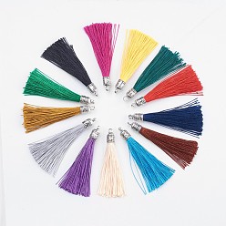 Mixed Color Nylon Tassels Big Pendant Decorations, with Antique Silver Alloy Findings, Mixed Color, 55~67x7mm, Hole: 2mm