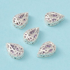 Lilac Rack Plating Brass Micro Pave Cubic Zirconia Multi-strand Links, Cadmium Free & Lead Free, Teardrop, Silver Color Plated, Lilac, 12x8x5mm, Hole: 1.2mm
