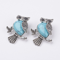 Synthetic Turquoise Synthetic Turquoise Pendants, with Alloy Finding, Owl, Antique Silver, 46.5x35.5x11.5mm, Hole: 6x8.5mm
