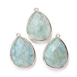 Amazonite Faceted Natural Amazonite Pendants, with Light Gold Plated Brass Edge and Loop, Teardrop, 28.5~29.5x19~20x7mm, Hole: 1.2mm