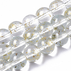 Clear Transparent Spray Painted Glass Bead Strands, with Golden Foil, Round, Clear, 8~9mm, Hole: 1.2~1.5mm, about 46~56pcs/Strand, 14.37 inch~16.3 inch(36.5~41.4cm)