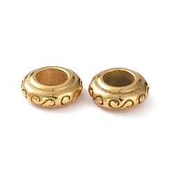 Golden Ion Plating(IP) 304 Stainless Steel European Beads, Large Hole Beads, Rondelle with Floral Pattern, Golden, 9x3.5mm, Hole: 4mm