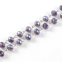 Orchidéeée Moyen Chaînes de perles de verre rondelles faites main pour colliers fabrication de bracelets, avec épingle à oeil en fer, non soudée, platine, moyen orchidée, 39.3 pouce, Environ 88 pcs/chapelet