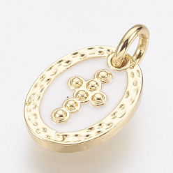 Golden Brass Enamel Charms, Lead Free & Cadmium Free, Oval with Cross, Golden, 12x9x2mm, Hole: 2.8mm