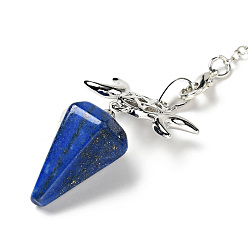 Lapis Lazuli Gemstone Hexagonal Pointed Dowsing Pendulums, with Platinum Tone Brass Findings and Chains, Cadmium Free & Lead Free, Cone with Triple Moon, 230~250mm, pendant: 50~54x26x15~16.5mm, Hole: 1.8x2.2mm