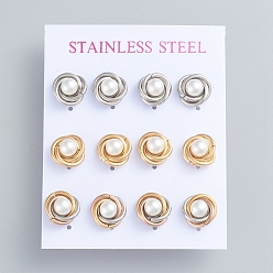 Mixed Color 304 Stainless Steel Stud Earrings, Love Knot Earrings, with Plastic Imitation Pearl Beads and Ear Nuts, Mixed Color, 11mm, Pin: 0.7mm, 6pairs/card