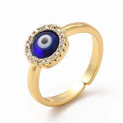 Blue Lampwork Evil Eye Open Cuff Ring with Clear Cubic Zirconia, Real 18K Gold Plated Brass Jewelry for Women, Blue, Inner Diameter: 17mm