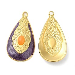 Indigo Enamel Pendants, with 304 Stainless Steel Finding and Arcylic Cabochons, Real 18K Gold Plated, Teardrop Charm, Indigo, 34.5x18x6mm, Hole: 2mm