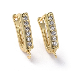 Golden Brass Micro Pave Cubic Zirconia Hoop Earring Findings with Latch Back Closure, with Horizontal Loop, Rectangle, Clear, Golden, 20x4x12.5mm, Hole: 1.5mm, Pin: 0.8x1mm