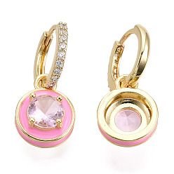 Бледно-Розовый Плоские круглые серьги-кольца с кубическим цирконием и эмалью, настоящие позолоченные украшения из латуни для женщин, без никеля , розовый жемчуг, 18 мм, штифты : 26 мм