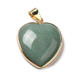 Зеленый Авантюрин Естественный зеленый авантюрин подвески, сердце прелести, с золотой фурнитурой из железа и латуни, 29x24~24.5x6~6.5 мм, отверстие : 7~7.3x3.8~4.3 мм