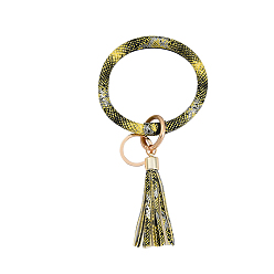 Jaune Champagne Porte-clés bracelet en similicuir pu motif peau de serpent, porte-clés bracelet avec pompon et anneau en alliage, jaune champagne, 200x100mm