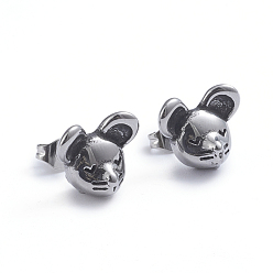 Antique Silver Retro 304 Stainless Steel Stud Earrings, with Ear Nuts, Mouse, Antique Silver, 10.8x13mm, Pin: 0.7mm