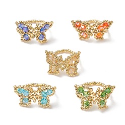Mixed Color Glass Seed Beaded Butterfly Stretch Ring for Women, Mixed Color, Inner Diameter: 19mm