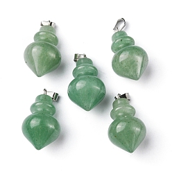 Зеленый Авантюрин Естественный зеленый авантюрин подвески, остроконечные подвески для бутылок, с платиновым покрытием железа оснастки на поруки, 32.5~35x16~17 мм, отверстие : 3x5.5 мм