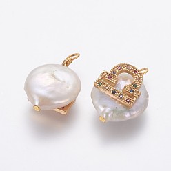Balance Pendentifs de perles d'eau douce de culture naturelle, avec accessoires zircon cubique micro pave en laiton, pépites avec constellation, or, colorées, libra, 17~22x11~16x5~11mm, Trou: 1.6mm