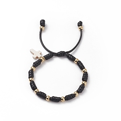 Noir Bracelet à breloques croix turquoise synthétique (teint), Bracelet porte-bonheur noeud en polyester ciré avec perles en laiton pour homme femme, noir, diamètre intérieur: 2-1/2~3-1/8 pouce (6.5~8 cm)