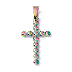 Rainbow Color Ion Plating(IP) 304 Stainless Steel Pendants, Cross Charms, Rainbow Color, 33x18x3mm, Hole: 4x7.5mm