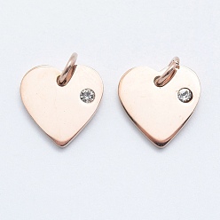 Real Rose Gold Plated 316 Surgical Stainless Steel Pendants, with Cubic Zirconia, Heart, Clear, Real Rose Gold Plated, 12x12x2mm, Hole: 3mm