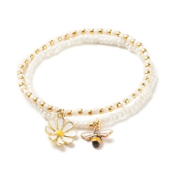 Blanc 2 Ensemble de bracelets extensibles en perles de verre, alliage émail abeilles et bracelet à breloques fleurs pour femme, blanc, diamètre intérieur: 2-1/8~2-1/4 pouce (5.5~5.6 cm), 1 pc / style