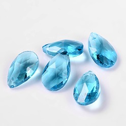 Deep Sky Blue Faceted Teardrop Glass Pendants, Deep Sky Blue, 22x13x7mm, Hole: 1mm