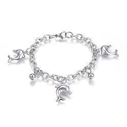 Stainless Steel Color 304 Stainless Steel Charm Bracelets, Dolphin, Stainless Steel Color, 7-1/2 inch(190mm)x6mm