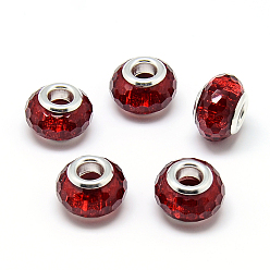 Crimson Resin European Beads, Large Hole Beads, with Silver Color Plated Brass Cores, Faceted, Rondelle, Large Hole Beads, Crimson, 13.5~14.5x9mm, Hole: 5mm
