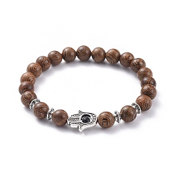 Antique Silver Unisex Stretch Bracelets, with Tibetan Style Alloy Beads, Natural Black Agate(Dyed) Beads and Wood Beads, Hamsa Hand/Hand of Fatima/Hand of Miriam, Antique Silver, 2-1/8 inch(5.5cm)
