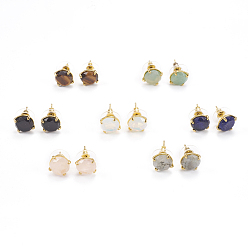 Mixed Stone Natural & Synthetic Gemstone Stud Earrings, with Golden Tone Brass Findings, Faceted Flat Round, 11mm, Pin: 0.8mm