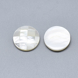 Seashell Color Natural White Shell Mother of Pearl Shell Cabochons, Flat Round with Mosaic Pattern, Seashell Color, 16x3mm