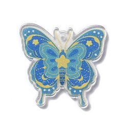 Bleu Pendentifs acryliques transparents , papillon, bleu, 36~36.5x38x2~2.5mm, Trou: 2mm