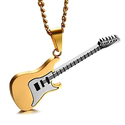 Oro Collares colgante de acero inoxidable, guitarra, dorado, 23.62 pulgada (60 cm)