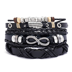 Black 3Pcs 3 Style Leather Cord Bracelets Set, Alloy Feather & Infinity Links Adjustable Bracelets with Waxed Cords, Black, Inner Diameter: 2-1/2 inch(6.5cm), 1Pc/style