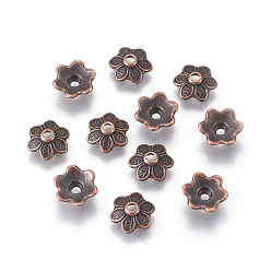 Red Copper Tibetan Style Caps, Flower, Cadmium Free & Nickel Free & Lead Free, Red Copper, 10.5x3.5mm, Hole: 2mm