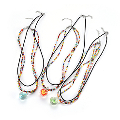 Mixed Color Lampwork Pendants Necklaces and Cowhide Leather Cord Necklaces Set, with Glass Seed Beads, Brass Jump Rings, Zinc Alloy Findings and Nylon Wire, Mixed Color, 16.1 inch(40.9cm) and 18.11 inch(46cm), 2pcs/set