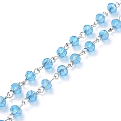 Deep Sky Blue Handmade Electroplate Glass Beaded Chains, with Platinum Plated Iron Eye Pin, Unwelded, Deep Sky Blue, 39.37 inch(100cm), Beads: 6x4.5mm