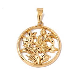 Golden Vacuum Plating 304 Stainless Steel Pendants, Flat Round with Flower Charm, Golden, 36x32x3mm, Hole: 10x4.5mm