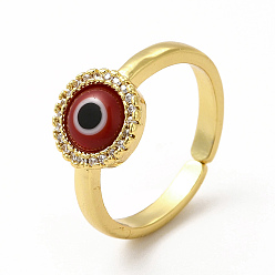 Dark Red Lampwork Evil Eye Open Cuff Ring with Clear Cubic Zirconia, Real 18K Gold Plated Brass Jewelry for Women, Dark Red, Inner Diameter: 17mm