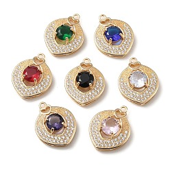 Mixed Color Brass with K9 Glass & Rhinestone Pendants, Light Gold, Oval with Heart Charms, Mixed Color, 24.5x18.5x7mm, Hole: 1.8mm