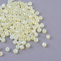 Light Goldenrod Yellow Glass Seed Beads, Ceylon, Round, Light Goldenrod Yellow, 4mm, Hole: 1.5mm, about 4500pcs/pound