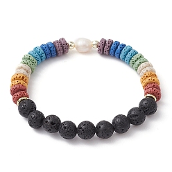 Colorful Dyed Natural Lava Rock & Pearl Beaded Stretch Bracelet, Colorful, Inner Diameter: 2 inch(5.1cm)