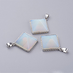 Opalite Opalite Pendants, with Brass Finding, Pyramid, Platinum, 28.5x32x13mm, Hole: 3.5x6mm