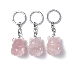 Quartz Rose Porte-clés en quartz rose naturel, avec des fermoirs porte-clés en fer, fox, 8 cm