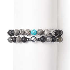 Mixed Stone Natural Black Stone & Picasso Jasper & Labradorite & Synthetic Turquois & Non-Magnetic Synthetic Hematite Beaded Stretch Bracelets Sets for Women, Inner Diameter: 2-1/8 inch(5.5cm), 2pcs/set